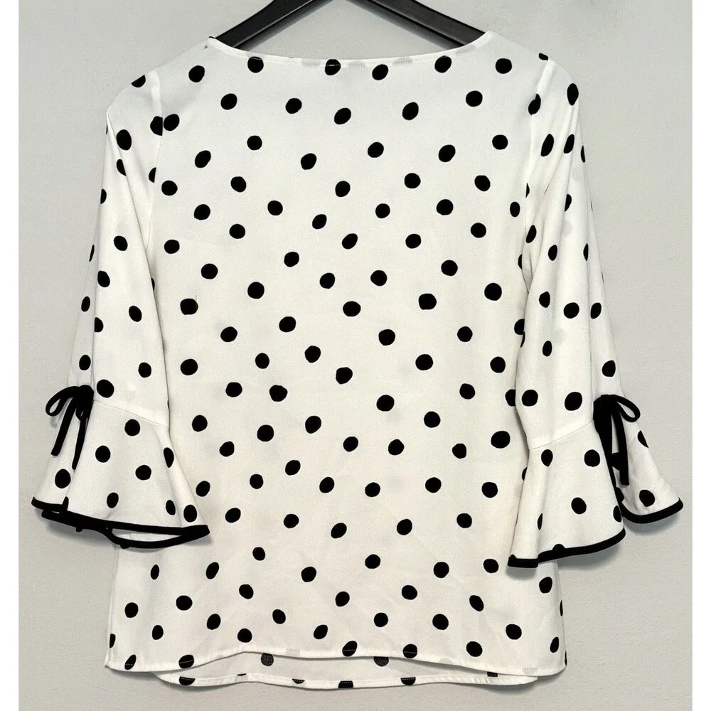 Talbots Petites Polka Dot Blouse Sz SP Ivory Black Bell Sleeve Capsule Career